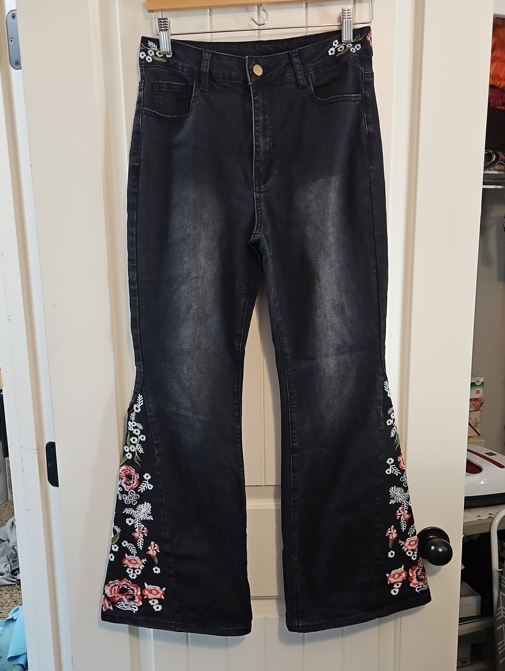 Black Embroidered Flare Jeans with Pink & White Floral Detail
